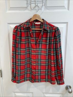 Vintage 80’s CHAGALL Red Plaid Button-Front Blouse, polyester